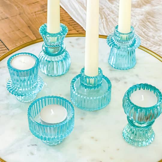 Kate Aspen&#xAE; Assorted Vintage Ribbed Blue Glass Candlestick Candle Holder Set